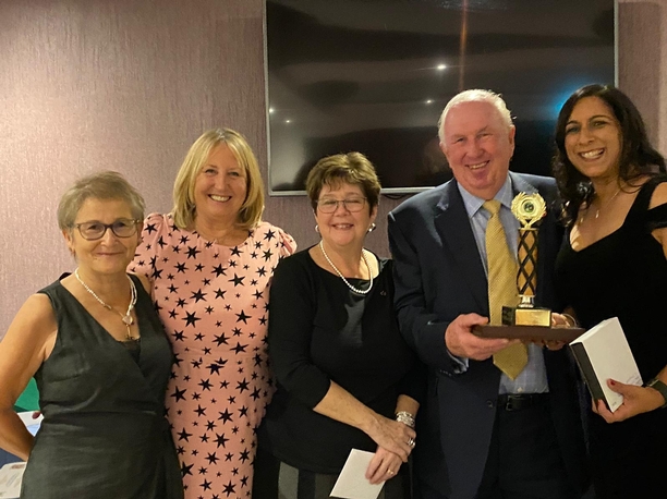 Our chairman Maurice along with ladies Captain Lesley present the ladies two wood triple trophy to Maggie Martindale, Coral Maycock, Annie Rowe